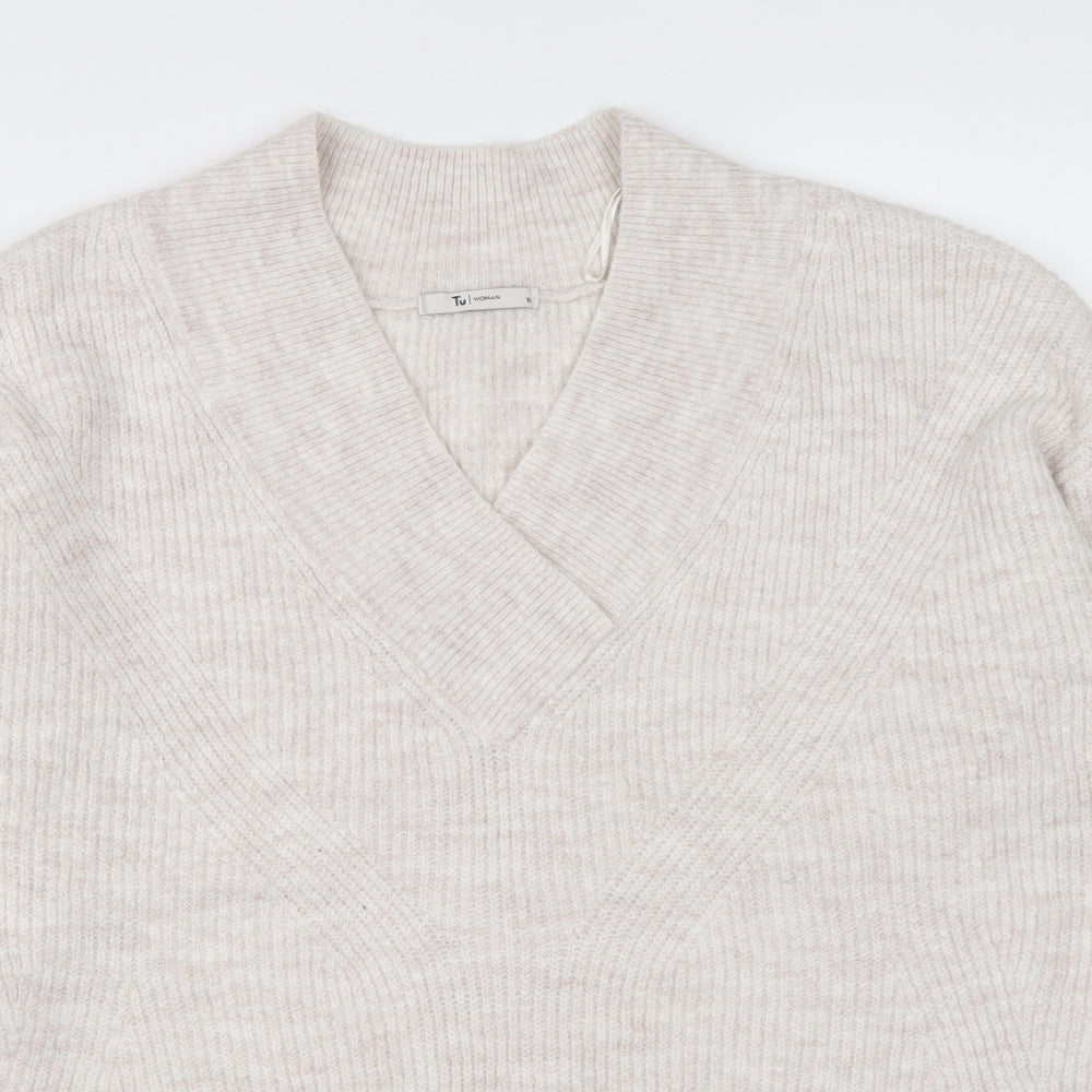 TU Womens White V-Neck Acrylic Pullover Jumper Size 10
