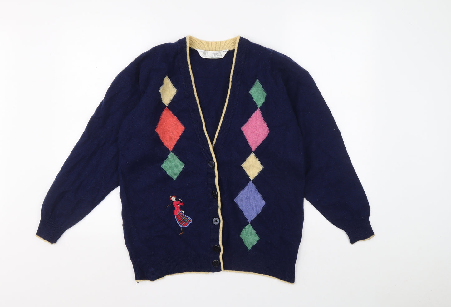 Marks and Spencer Womens Blue V-Neck Argyle/Diamond Wool Cardigan Jumper Size 14