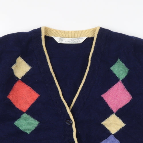 Marks and Spencer Womens Blue V-Neck Argyle/Diamond Wool Cardigan Jumper Size 14