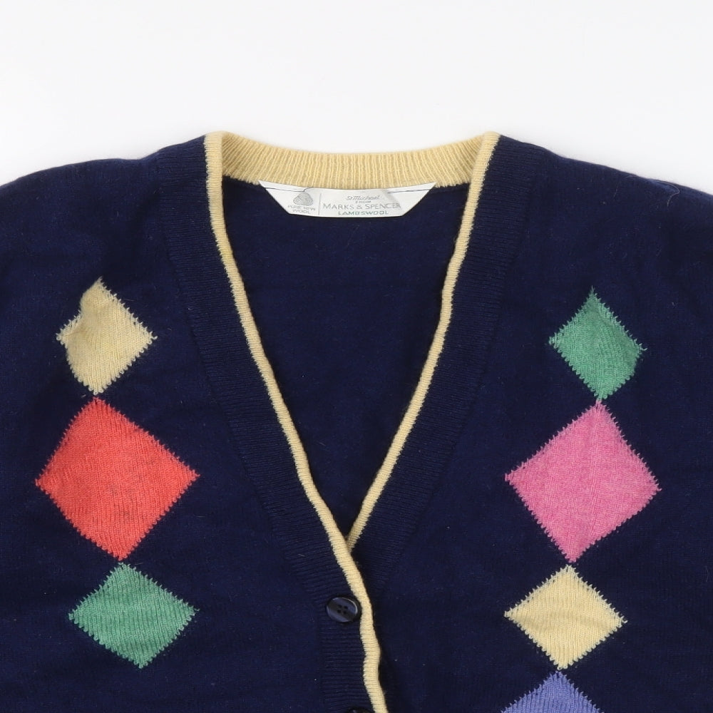 Marks and Spencer Womens Blue V-Neck Argyle/Diamond Wool Cardigan Jumper Size 14