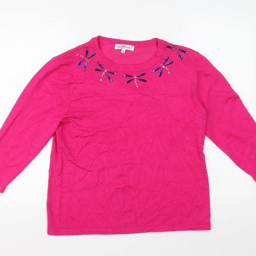 Mudflower Womens Pink Round Neck Viscose Pullover Jumper Size L - Dragonflies