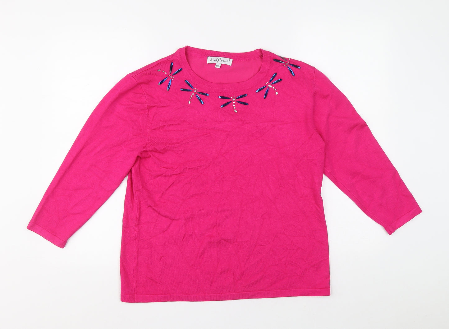 Mudflower Womens Pink Round Neck Viscose Pullover Jumper Size L - Dragonflies