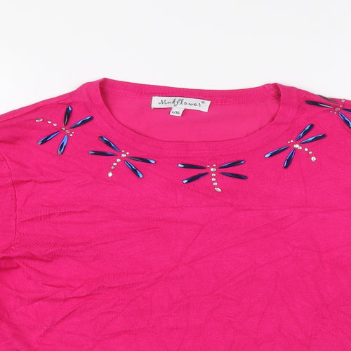 Mudflower Womens Pink Round Neck Viscose Pullover Jumper Size L - Dragonflies