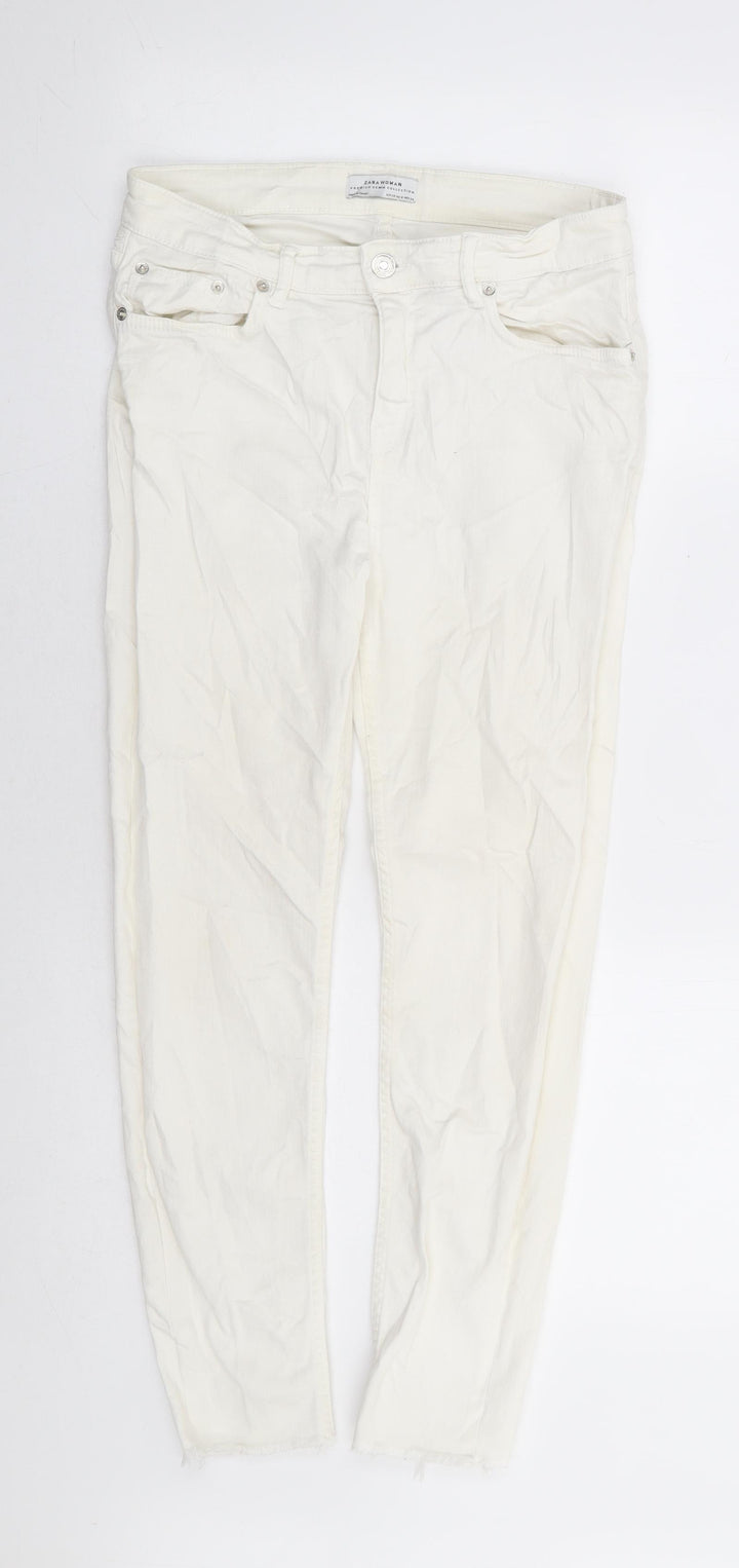 Zara Womens White Cotton Skinny Jeans Size 10 L25 in Regular Zip - Distressed Hem Ankle Grazer