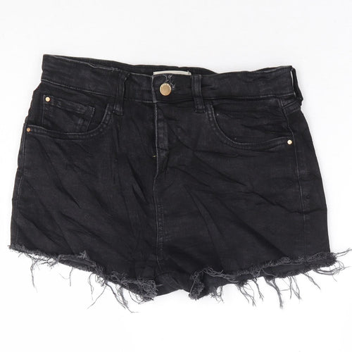 River Island Womens Black Cotton Hot Pants Shorts Size 8 L3 in Regular Zip - Distressed Hems