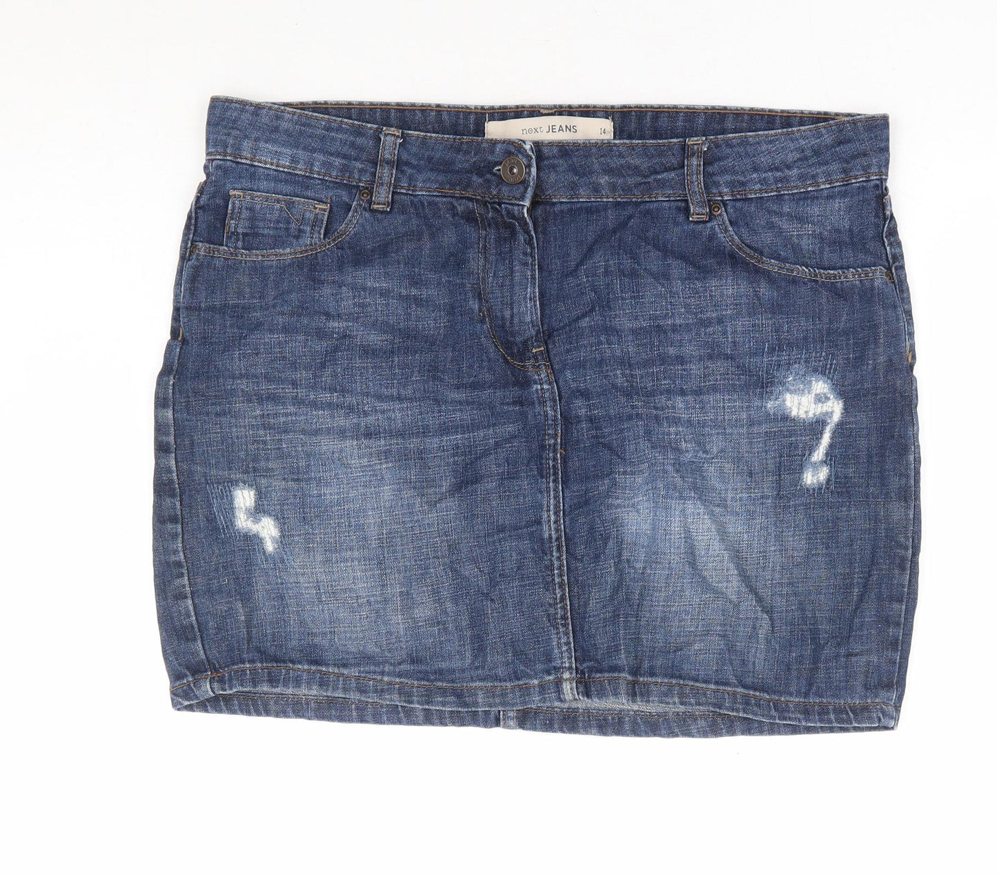 NEXT Womens Blue Cotton Mini Skirt Size 14 Zip - Distressed Denim