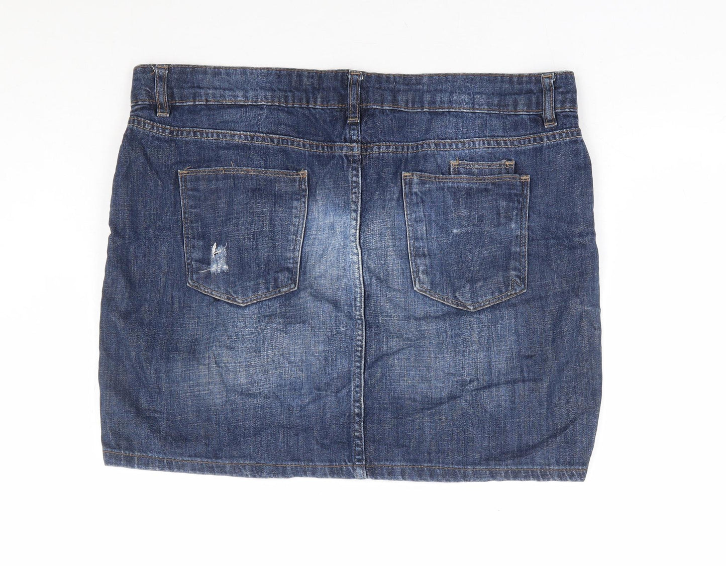 NEXT Womens Blue Cotton Mini Skirt Size 14 Zip - Distressed Denim