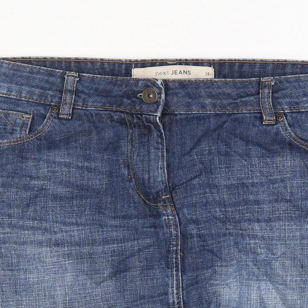 NEXT Womens Blue Cotton Mini Skirt Size 14 Zip - Distressed Denim