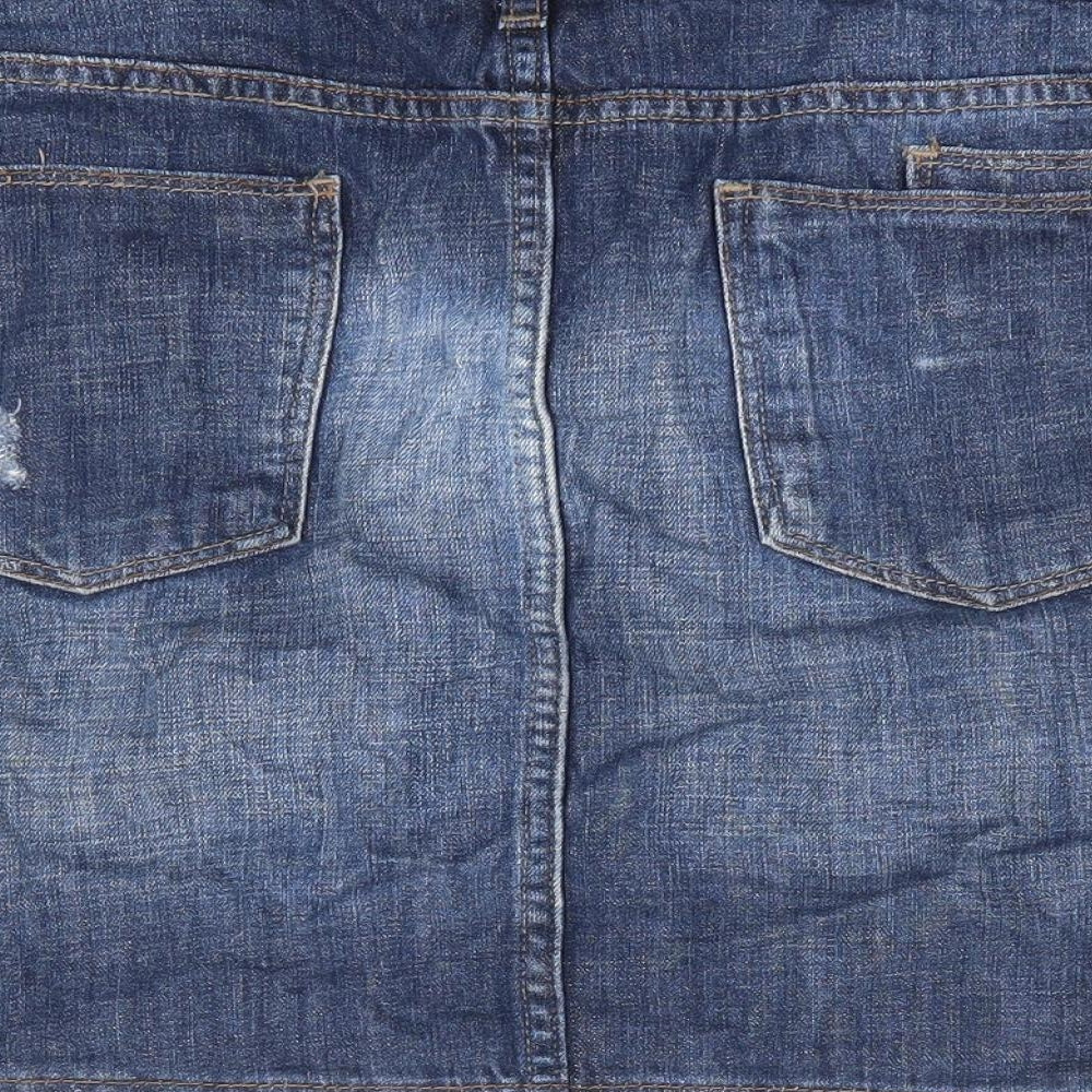 NEXT Womens Blue Cotton Mini Skirt Size 14 Zip - Distressed Denim