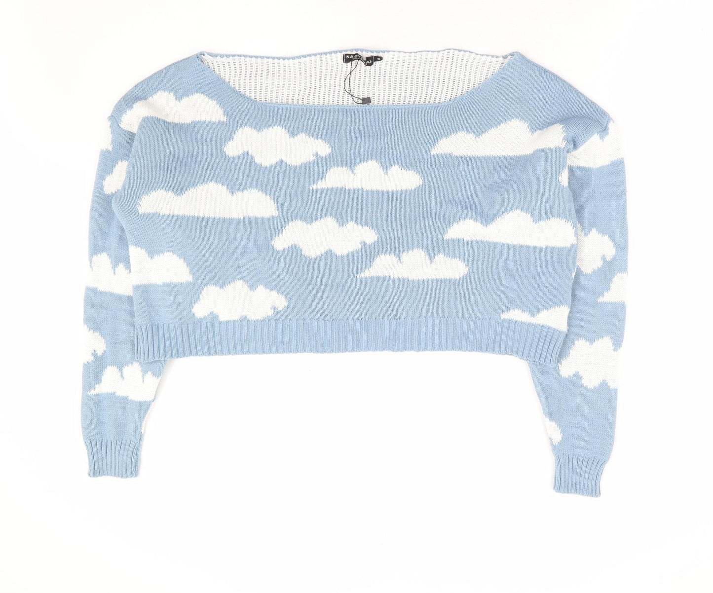 Nasty Gal Womens Blue Boat Neck Geometric Acrylic Pullover Jumper Size S - Cropped Cloud Print