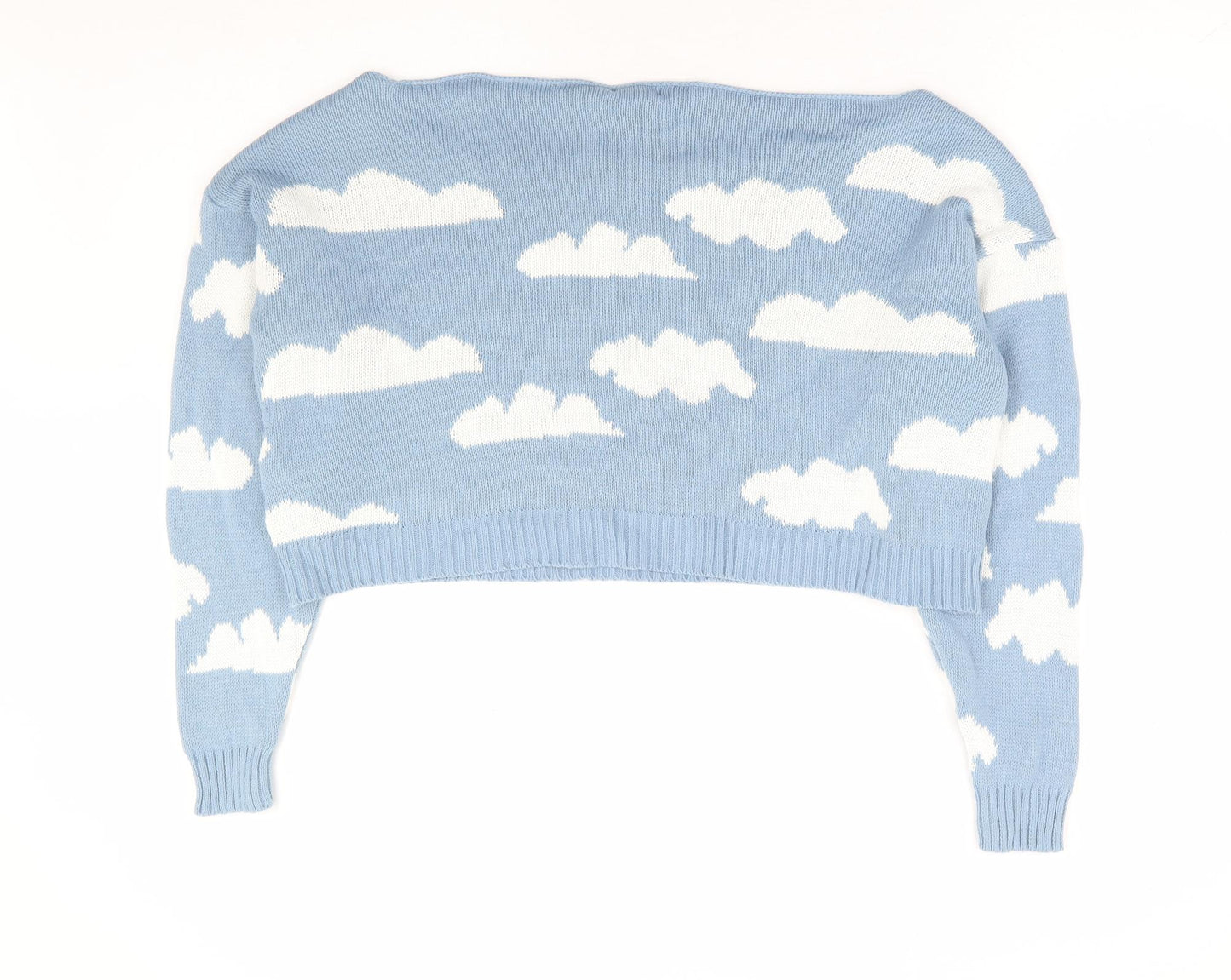 Nasty Gal Womens Blue Boat Neck Geometric Acrylic Pullover Jumper Size S - Cropped Cloud Print