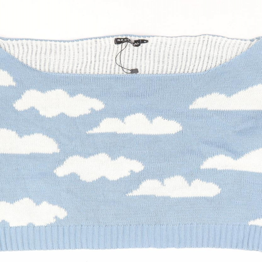 Nasty Gal Womens Blue Boat Neck Geometric Acrylic Pullover Jumper Size S - Cropped Cloud Print