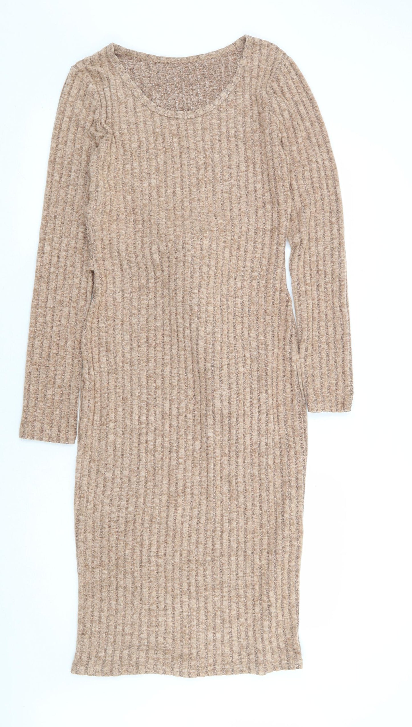 SheIn Womens Beige Polyester Jumper Dress Size L Round Neck Tie - Ribbed