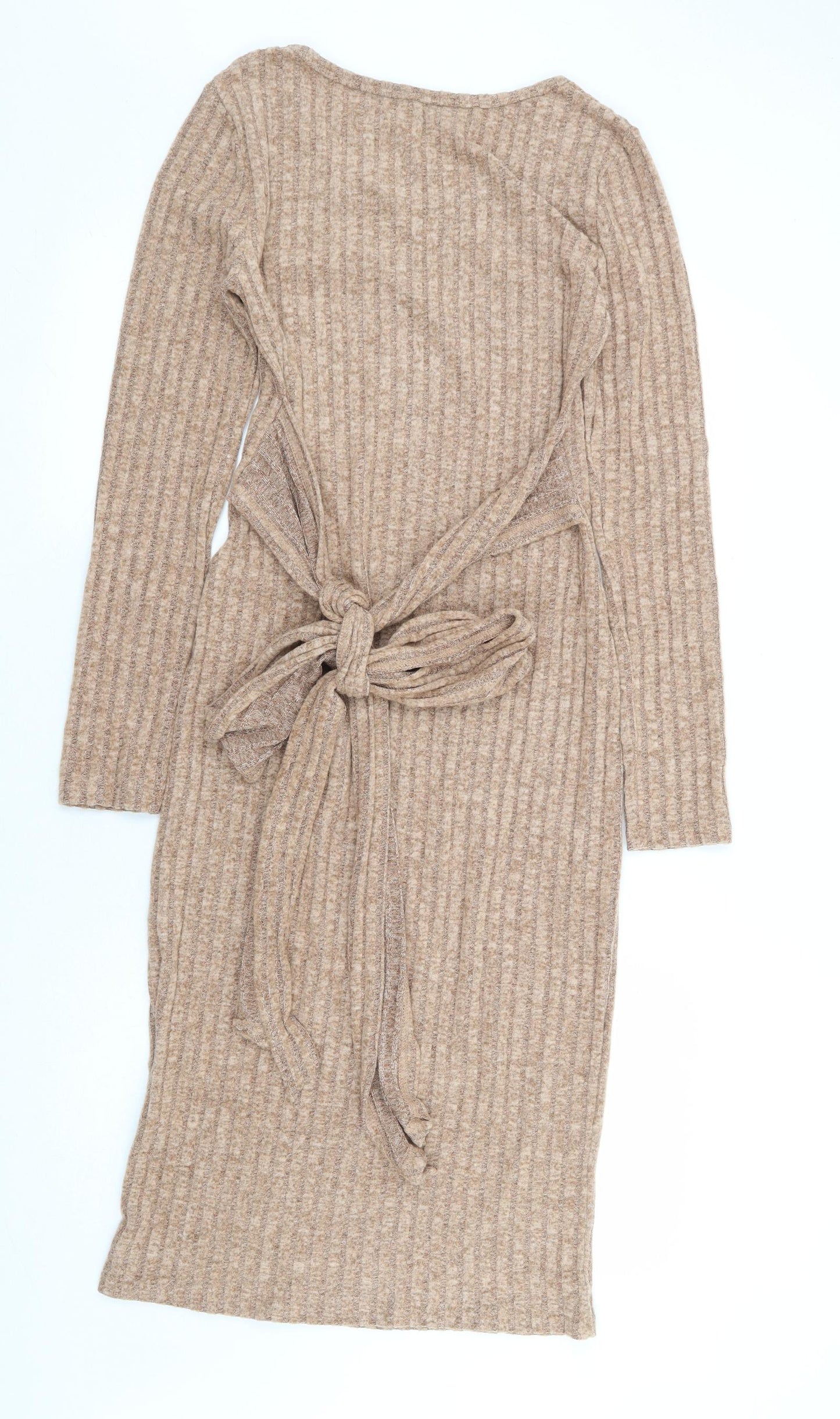 SheIn Womens Beige Polyester Jumper Dress Size L Round Neck Tie - Ribbed