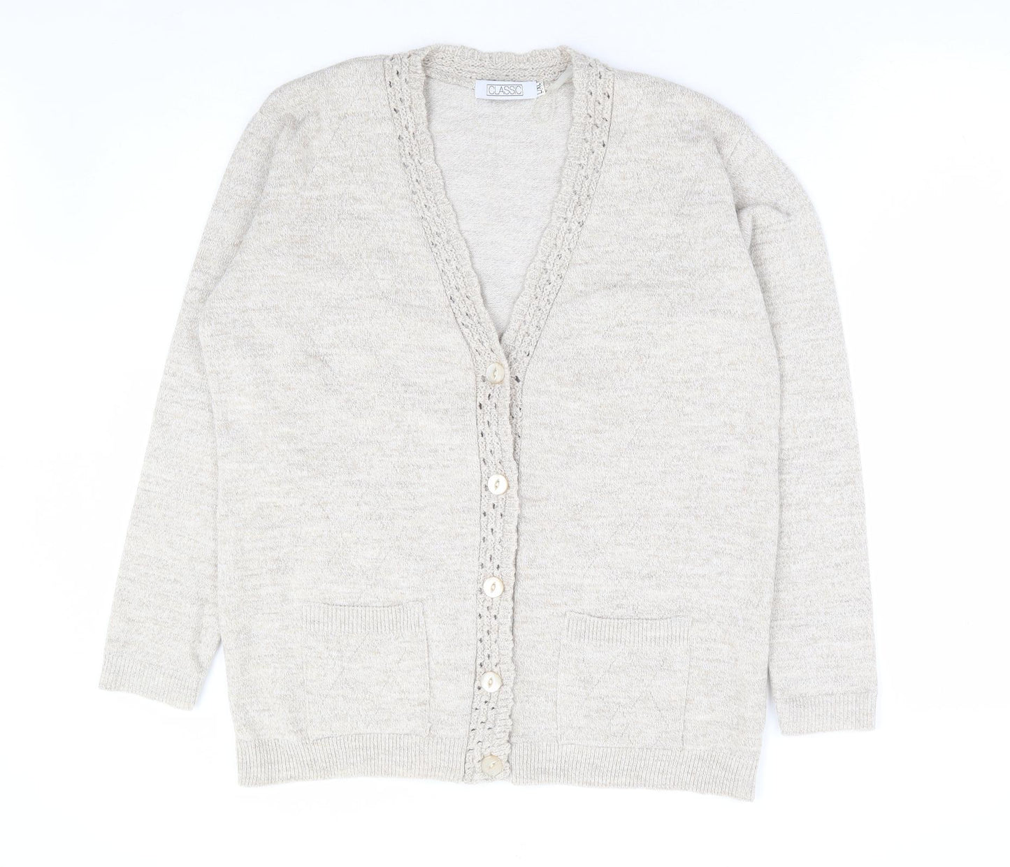 Classic Womens Beige V-Neck Acrylic Cardigan Jumper Size L