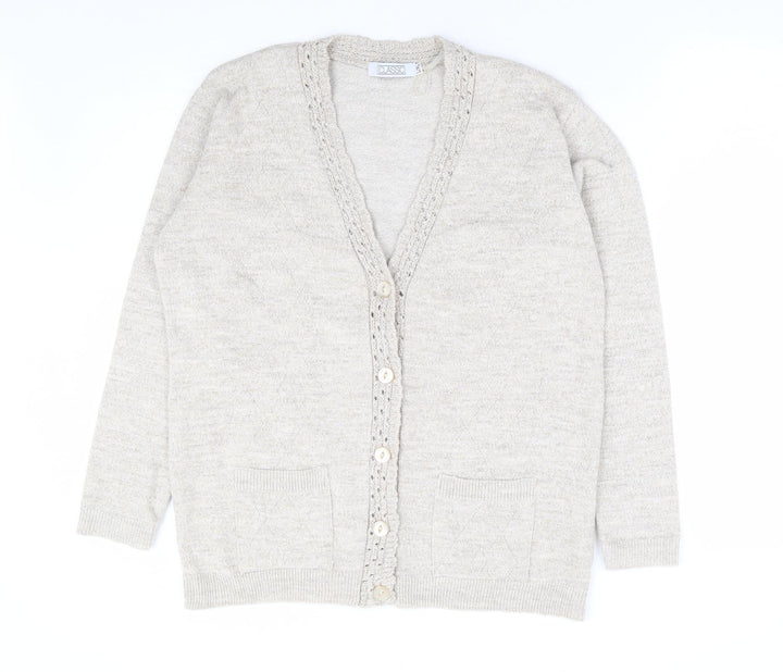 Classic Womens Beige V-Neck Acrylic Cardigan Jumper Size L