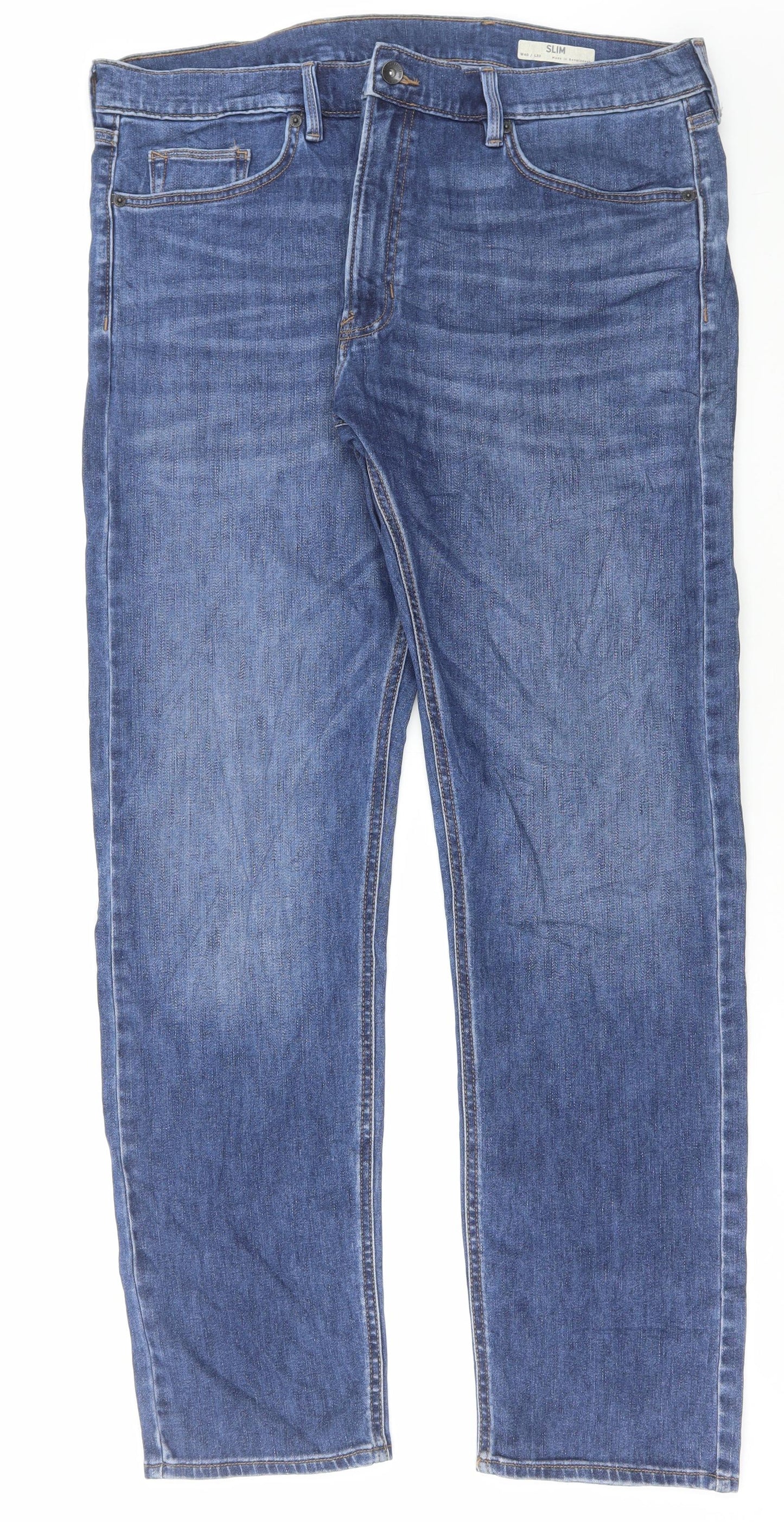 Marks and Spencer Mens Blue Cotton Straight Jeans Size 40 in L33 in Regular Button