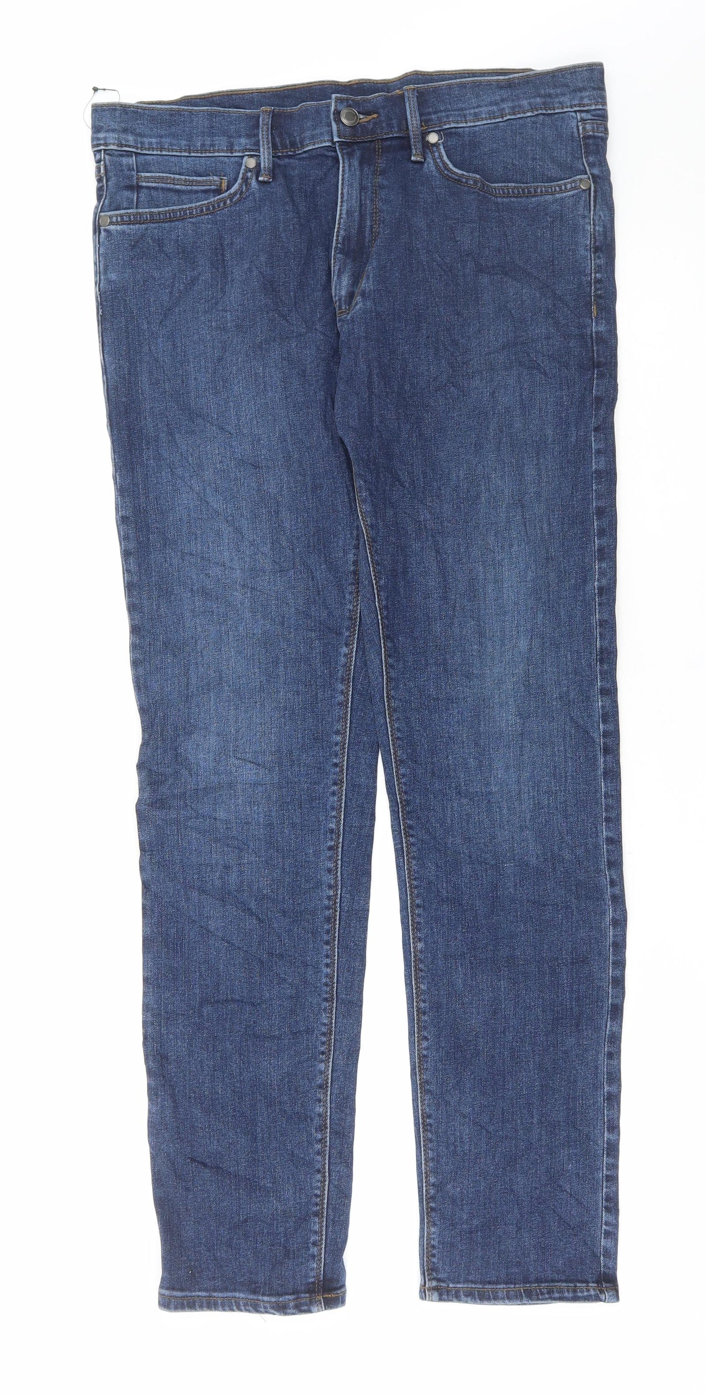 Marks and Spencer Mens Blue Cotton Straight Jeans Size 32 in L31 in Regular Button