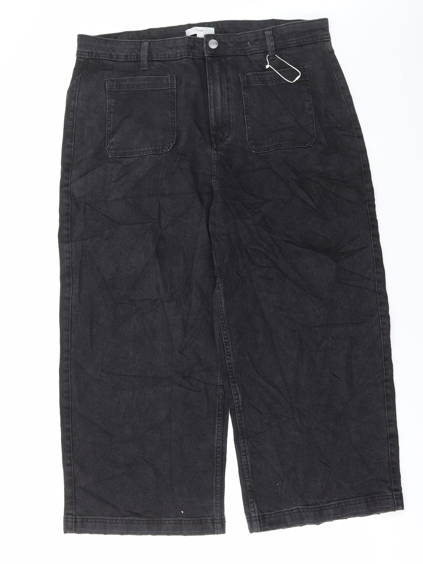 Marks and Spencer Womens Black Cotton Wide-Leg Jeans Size 18 L24 in Regular Button
