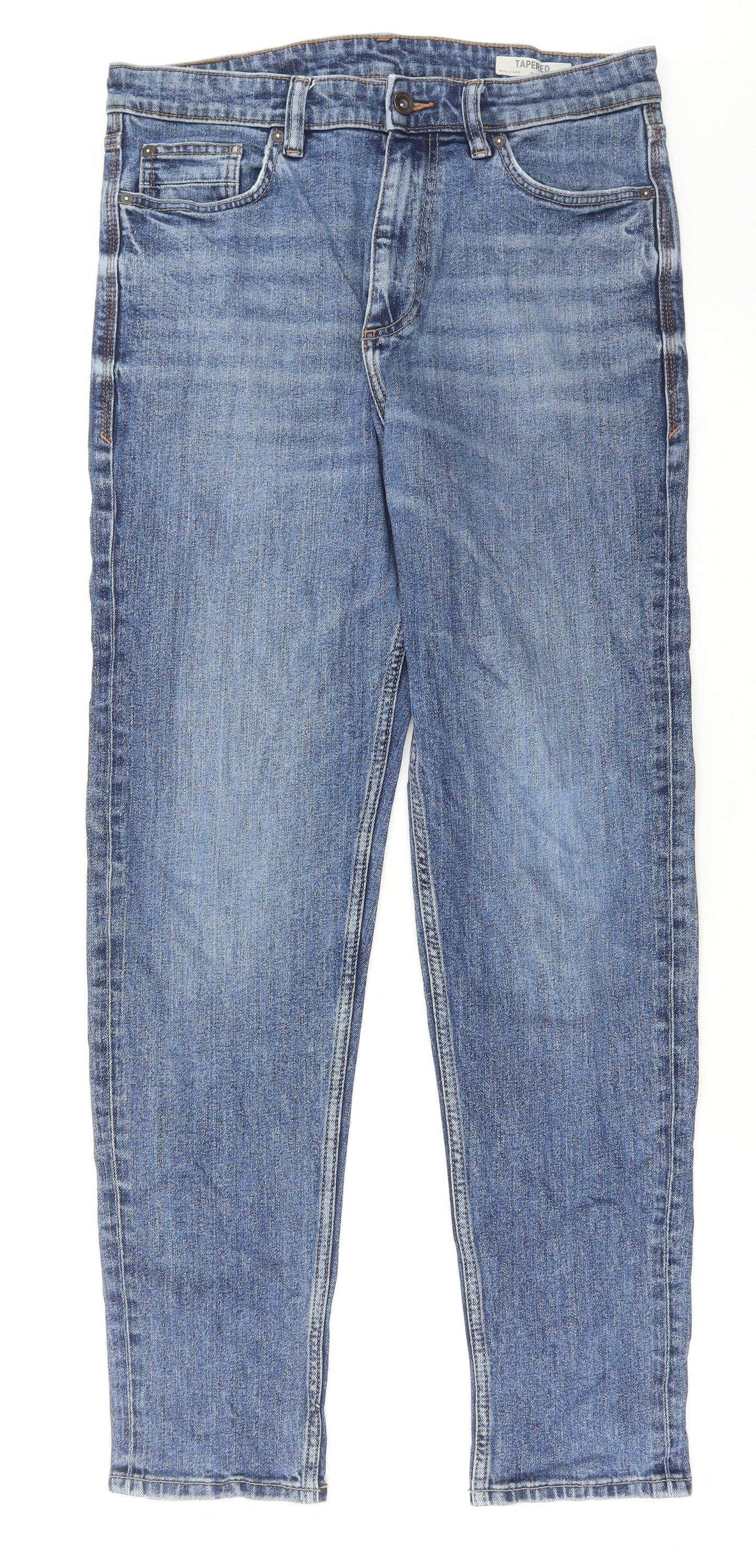 Marks and Spencer Mens Blue Cotton Tapered Jeans Size 32 in L33 in Regular Button