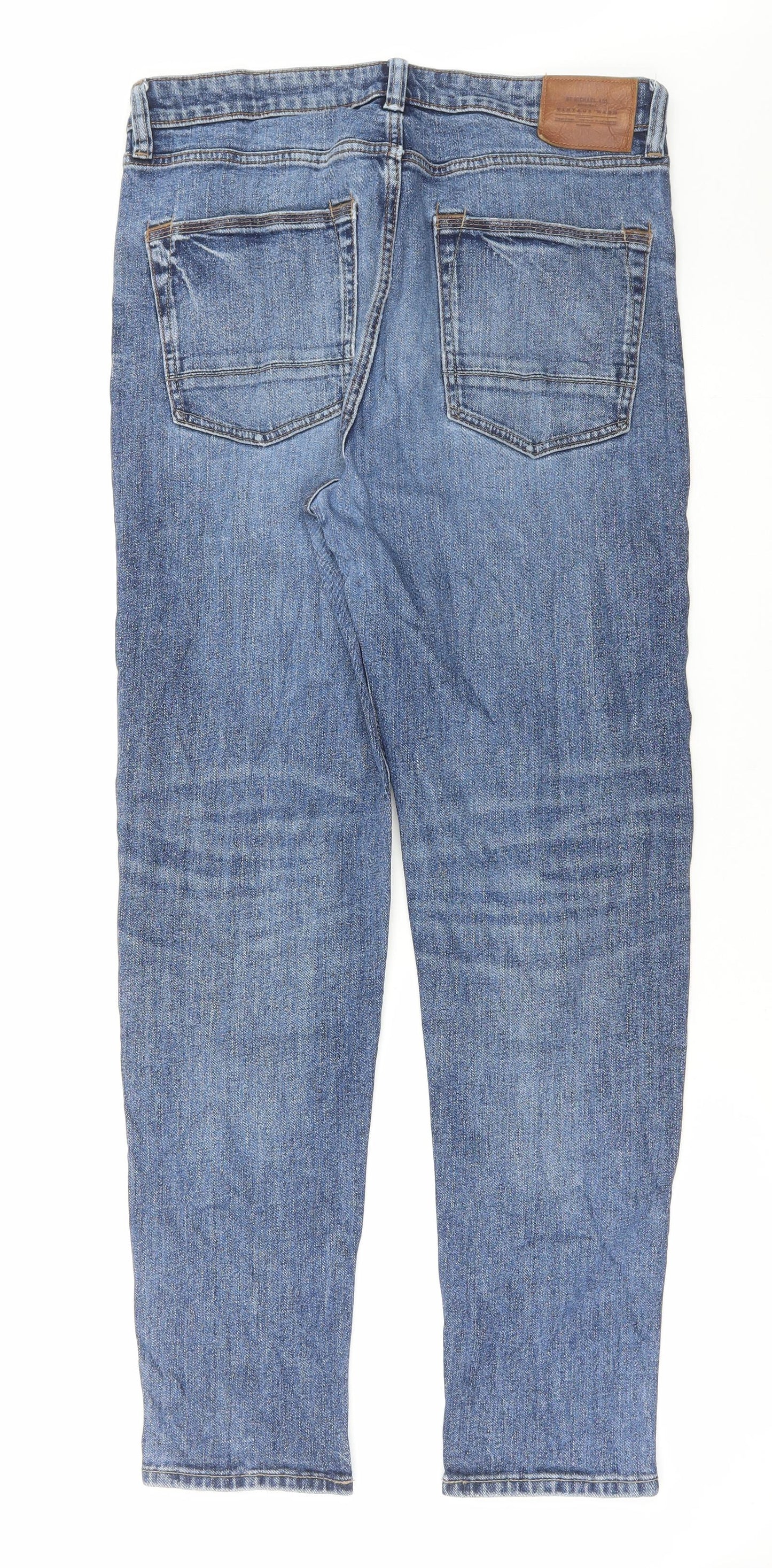 Marks and Spencer Mens Blue Cotton Tapered Jeans Size 32 in L33 in Regular Button