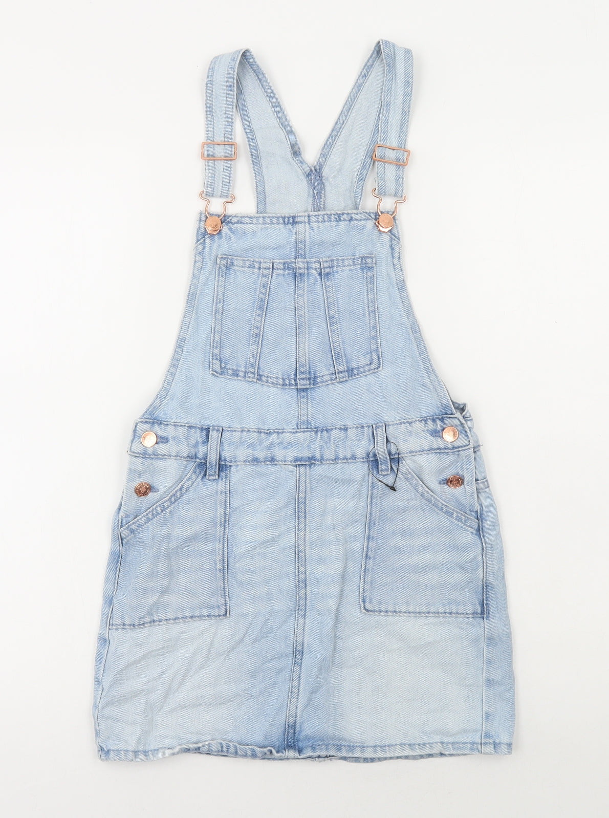 Marks and Spencer Girls Blue Cotton Pinafore/Dungaree Dress Size 9-10 Years Square Neck Buckle