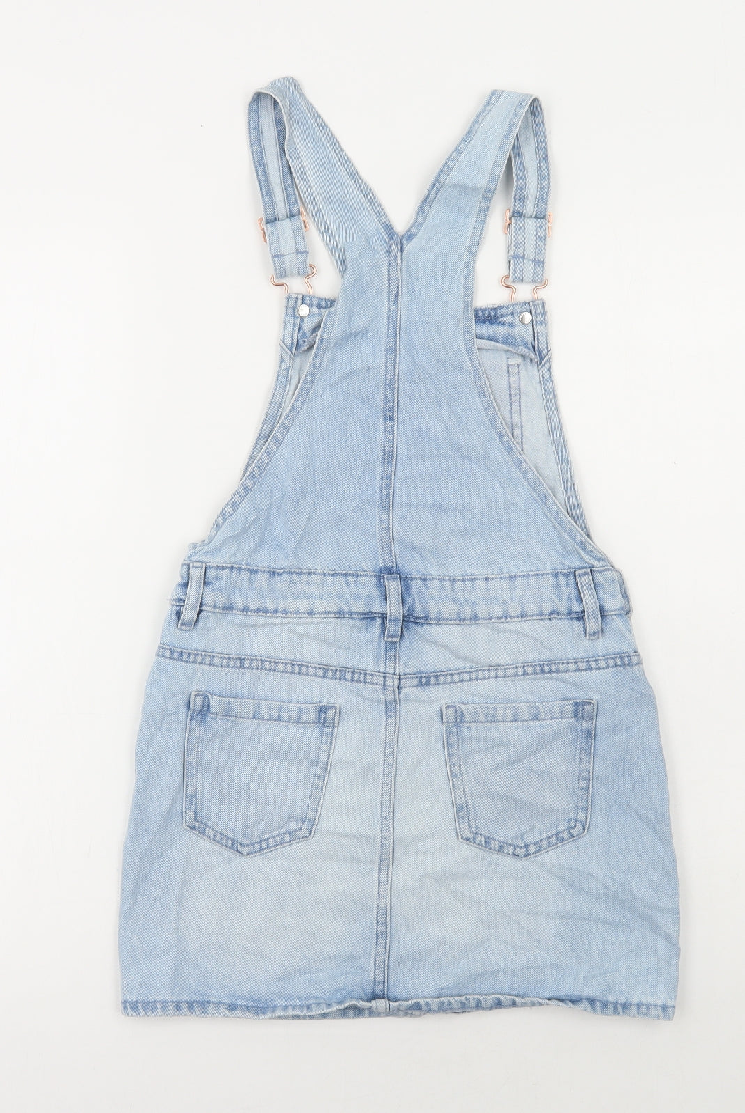 Marks and Spencer Girls Blue Cotton Pinafore/Dungaree Dress Size 9-10 Years Square Neck Buckle