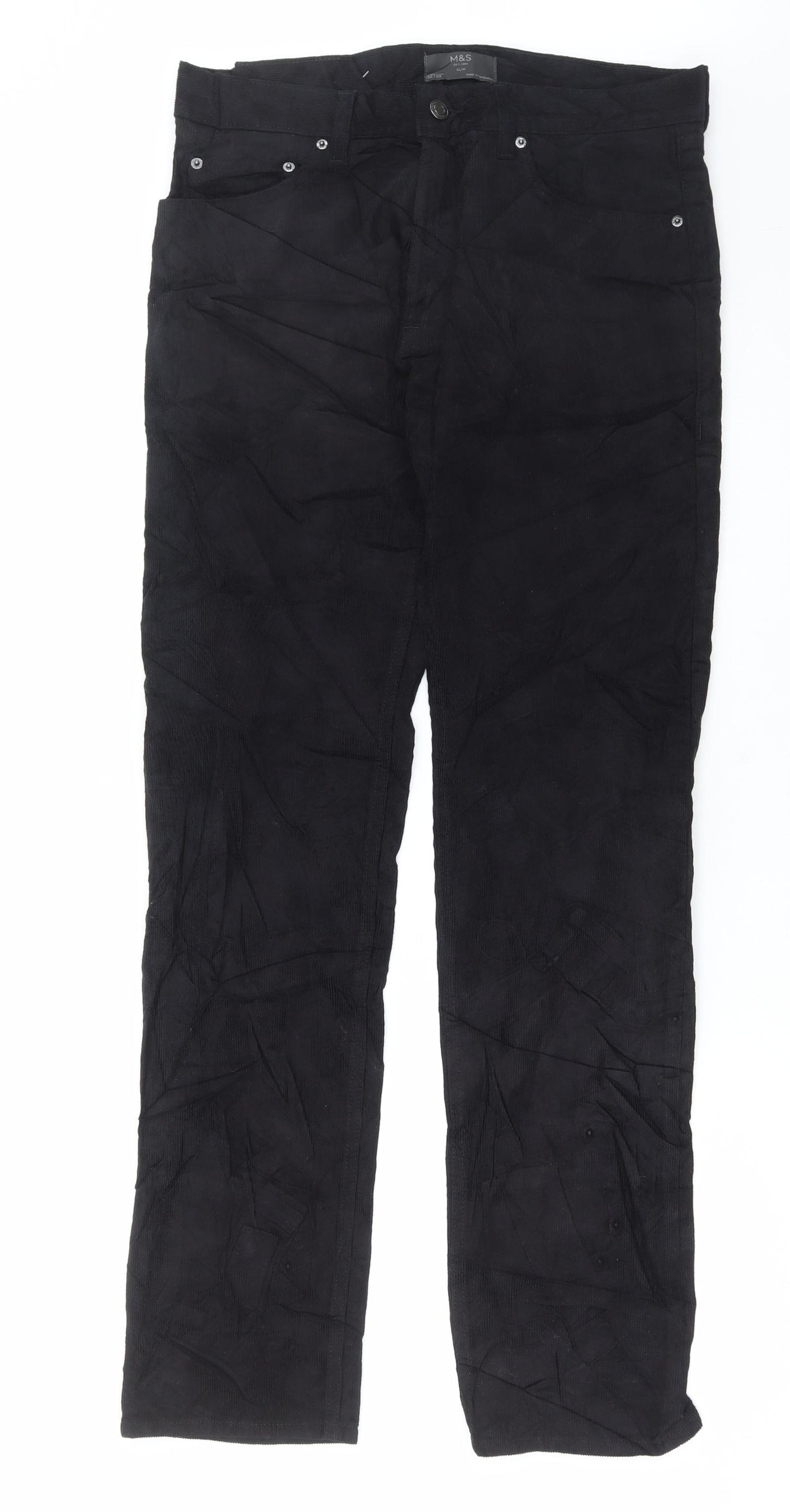 Marks and Spencer Mens Black Cotton Trousers Size 32 in L33 in Slim Button