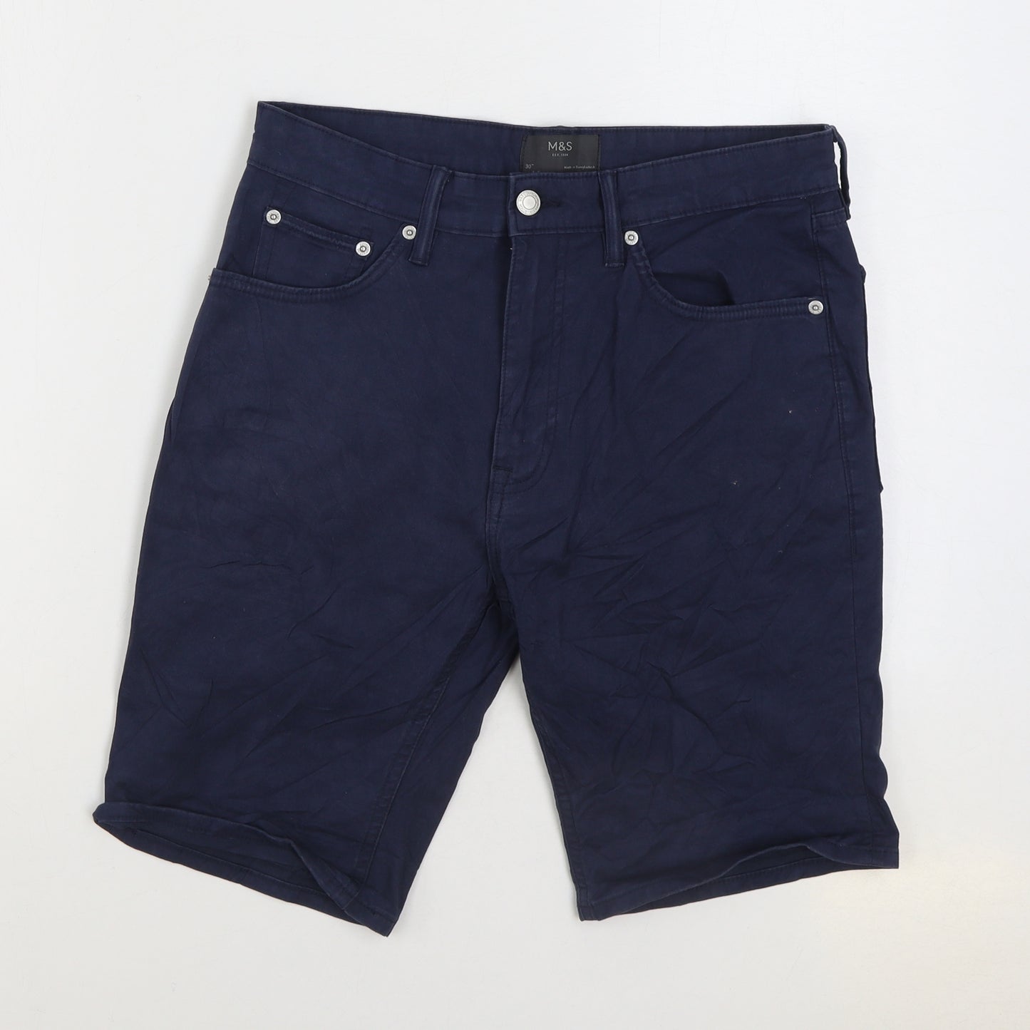 Marks and Spencer Mens Blue Cotton Chino Shorts Size 30 in L9 in Regular Zip