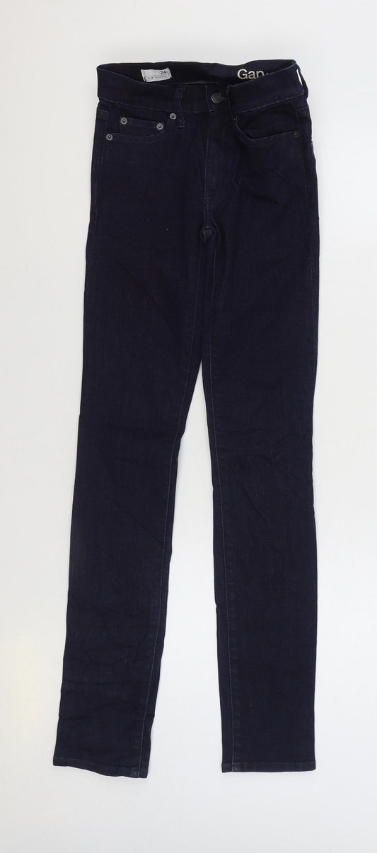 Front view of Gap women’s blue cotton skinny jeans, size UK 24, in, 31-inch leg regular zip