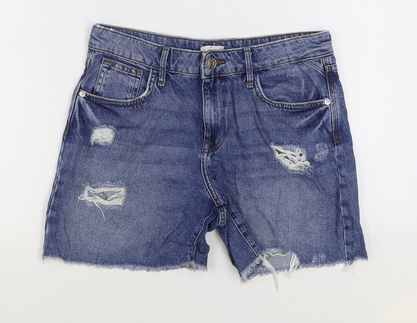 River Island Womens Blue Cotton Hot Pants Shorts Size 10 L4 in Regular Zip - Distressed