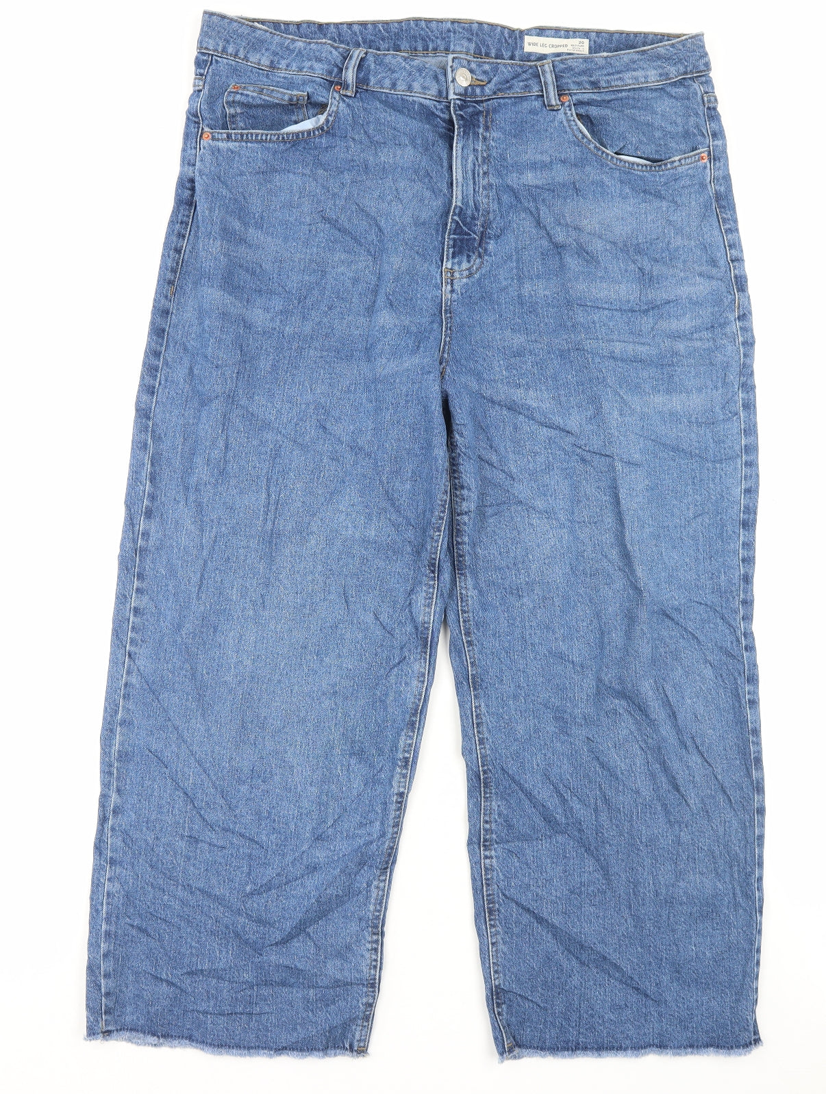 Marks and Spencer Womens Blue Cotton Wide-Leg Jeans Size 22 L25 in Regular Button - Cropped