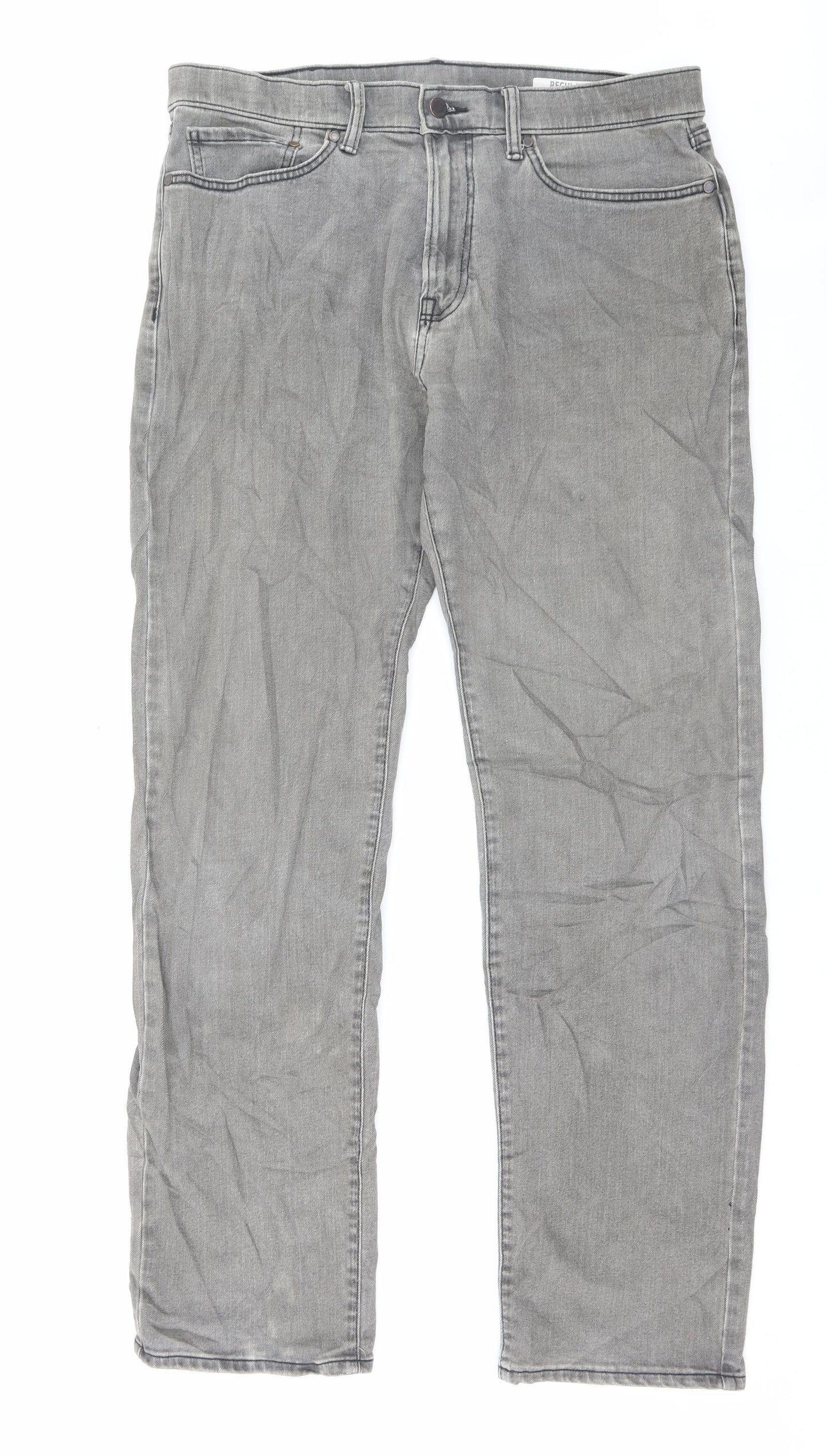 Marks and Spencer Mens Grey Cotton Straight Jeans Size 34 in L33 in Regular Button - Long Leg