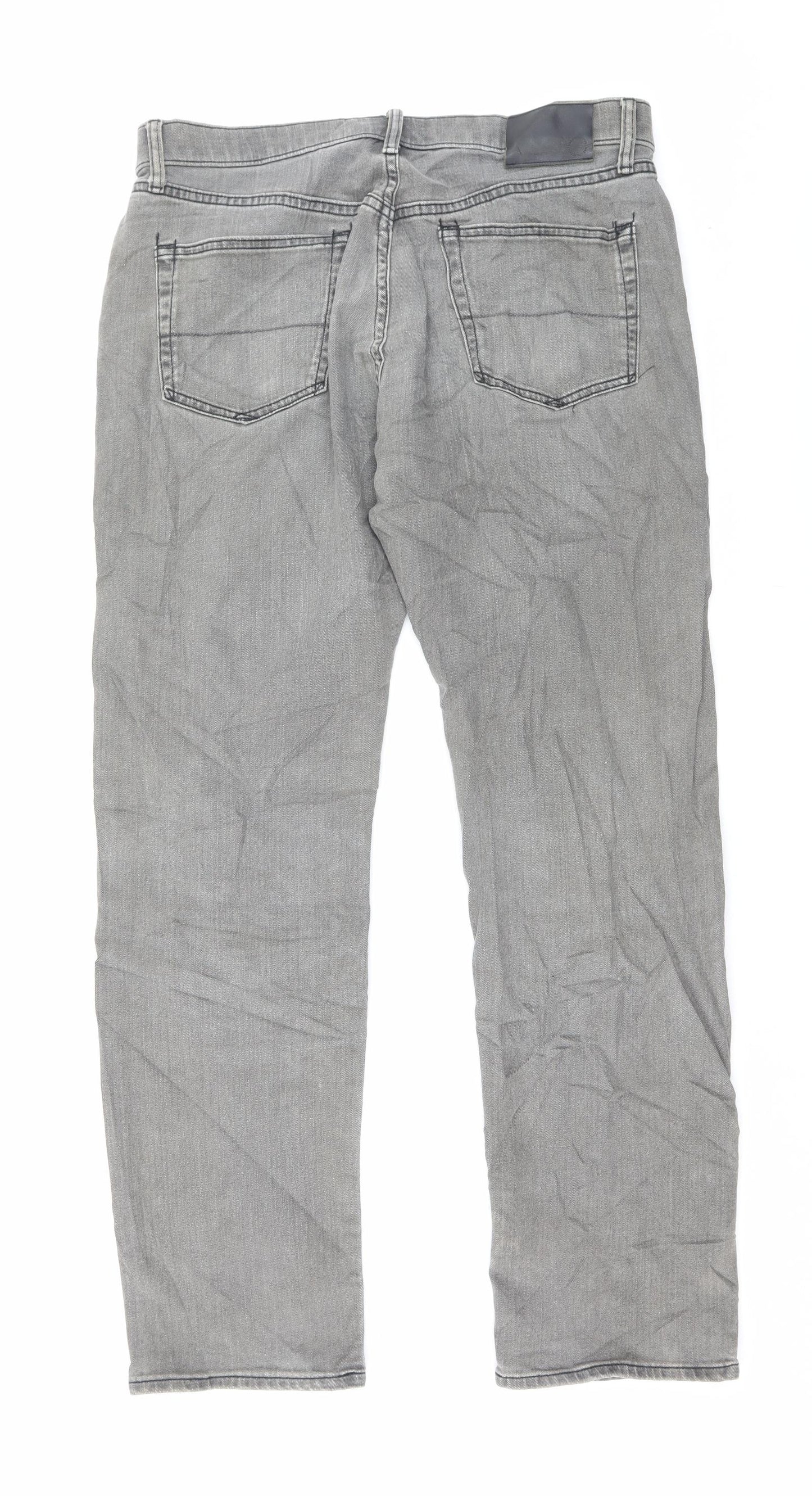Marks and Spencer Mens Grey Cotton Straight Jeans Size 34 in L33 in Regular Button - Long Leg