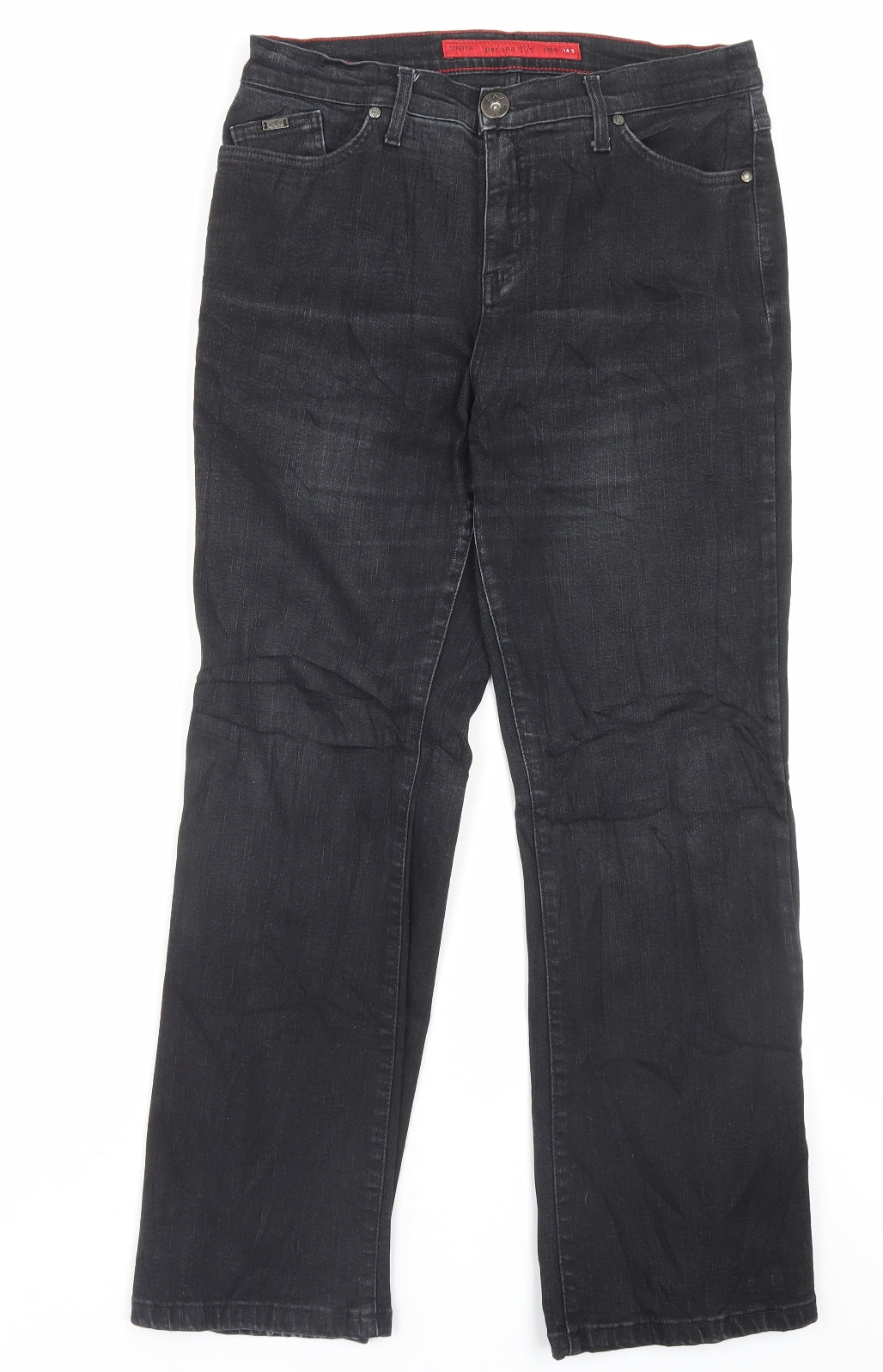 Per Una Womens Black Cotton Straight Jeans Size 14 L28 in Regular Button