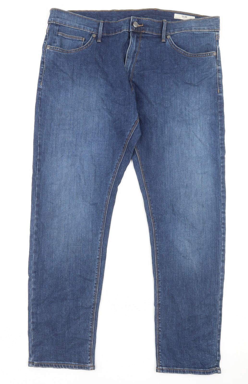 Marks and Spencer Mens Blue Cotton Straight Jeans Size 38 in L31 in Slim Button