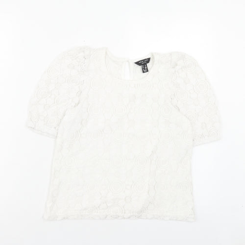 New Look Womens White Floral Polyamide Basic T-Shirt Size 6 Crew Neck
