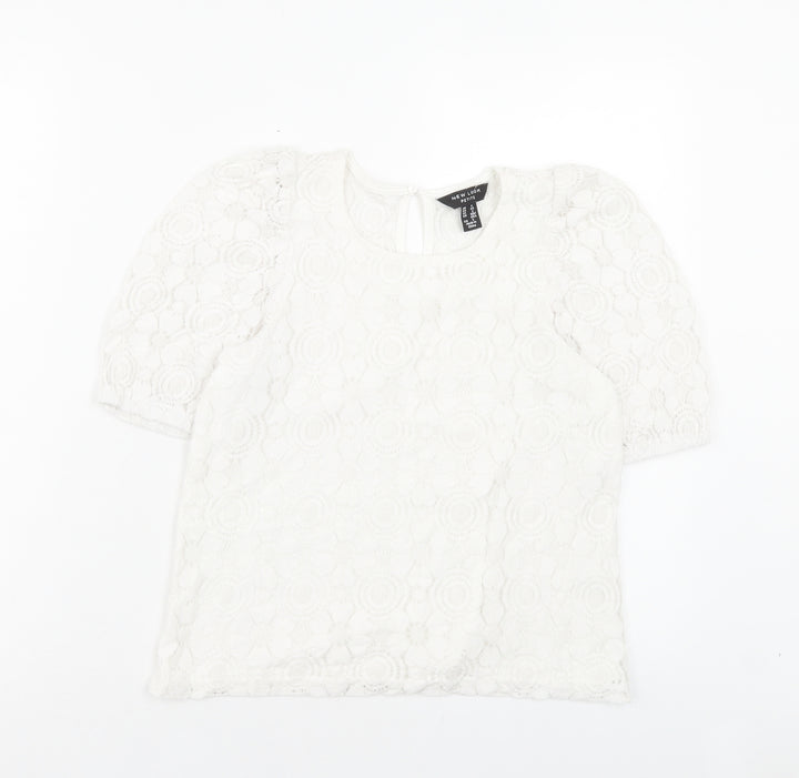 New Look Womens White Floral Polyamide Basic T-Shirt Size 6 Crew Neck