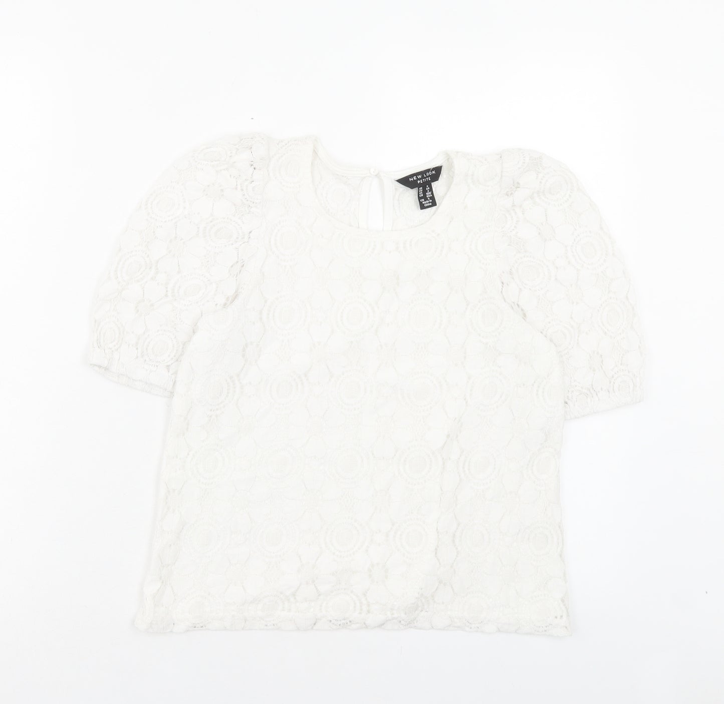 New Look Womens White Floral Polyamide Basic T-Shirt Size 6 Crew Neck