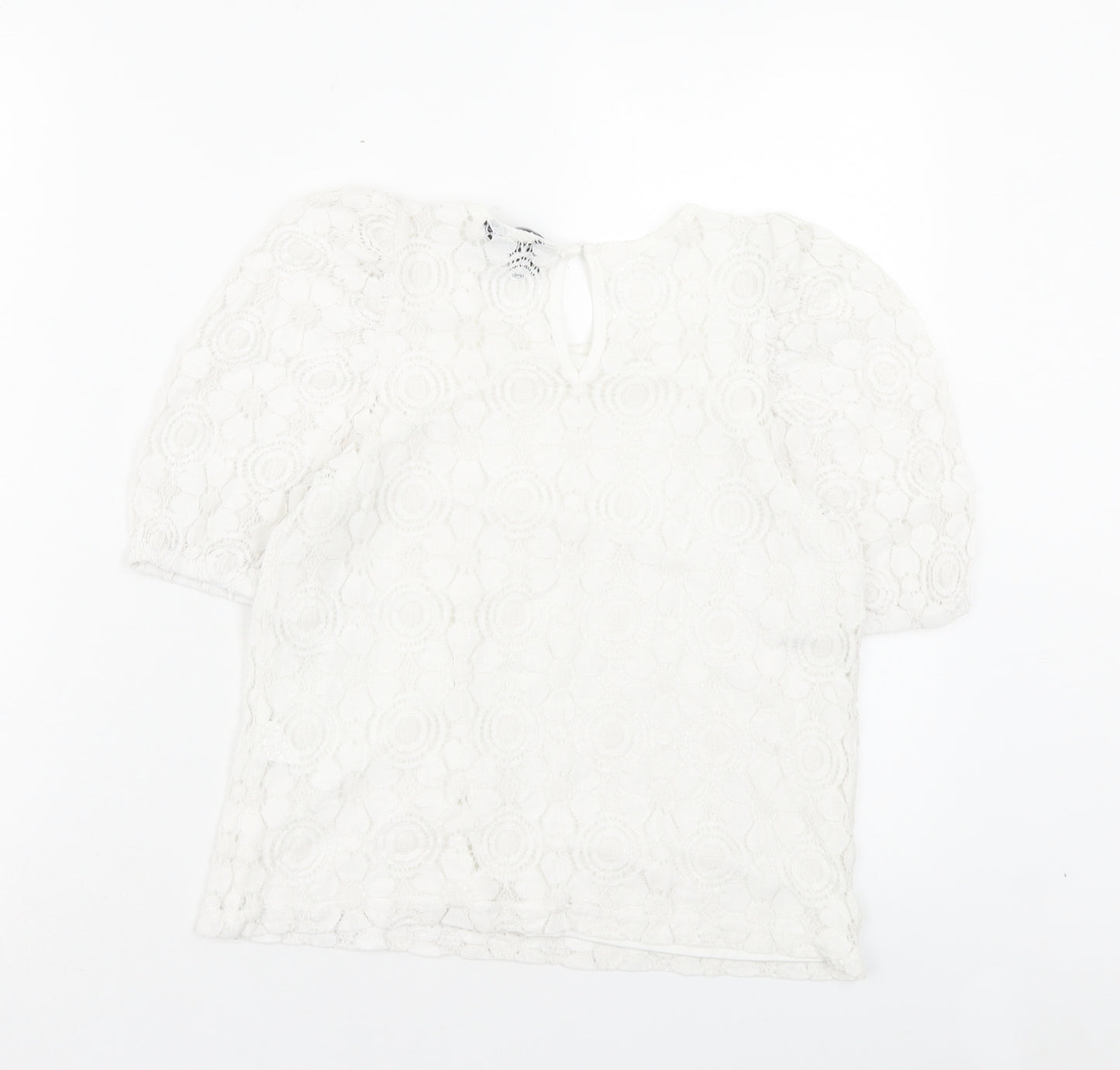 New Look Womens White Floral Polyamide Basic T-Shirt Size 6 Crew Neck
