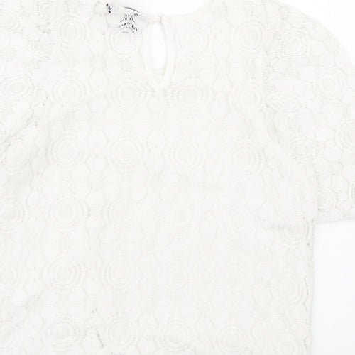 New Look Womens White Floral Polyamide Basic T-Shirt Size 6 Crew Neck
