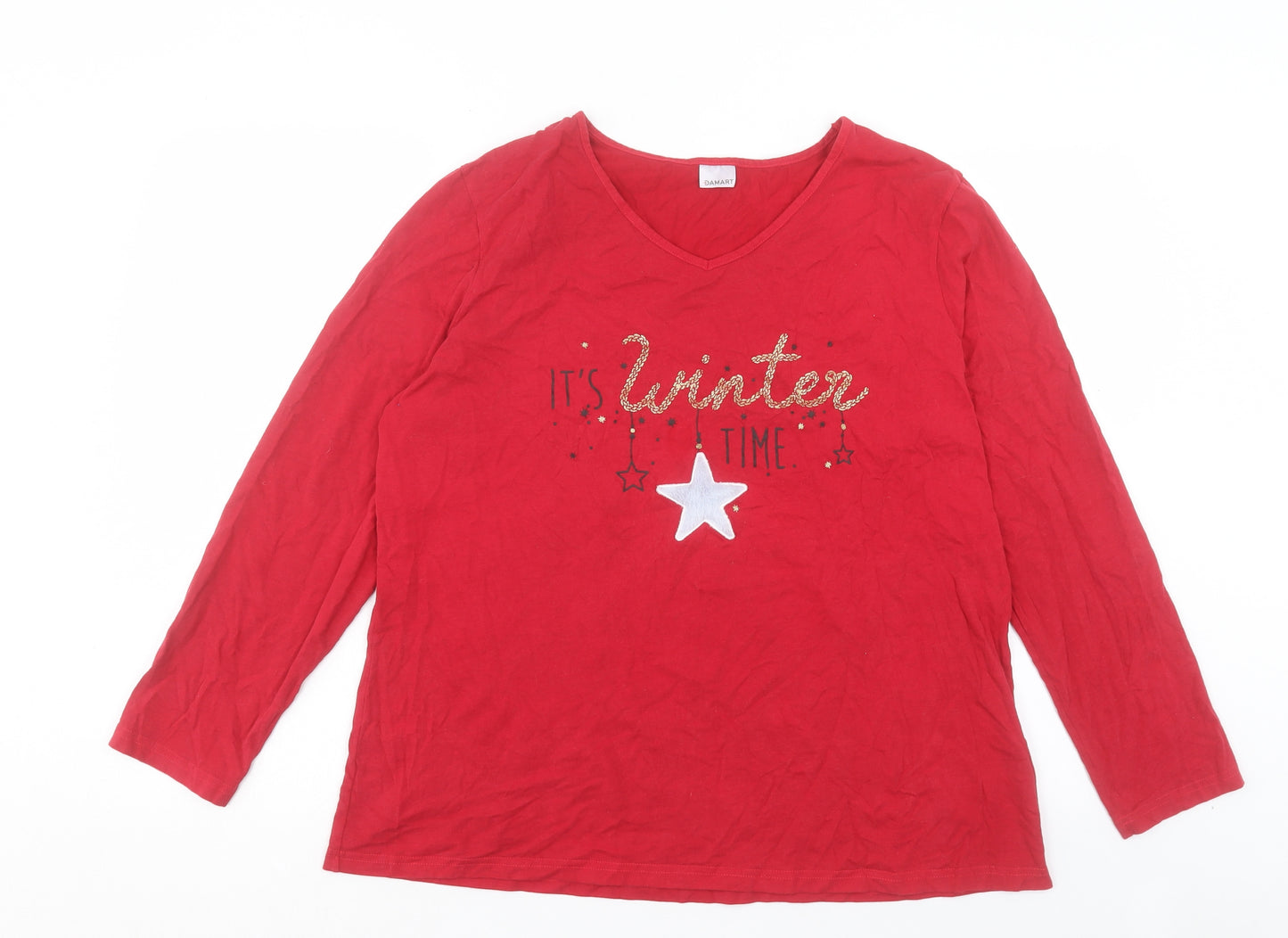 Damart Womens Red Cotton Basic T-Shirt Size L V-Neck - Its Winter Time