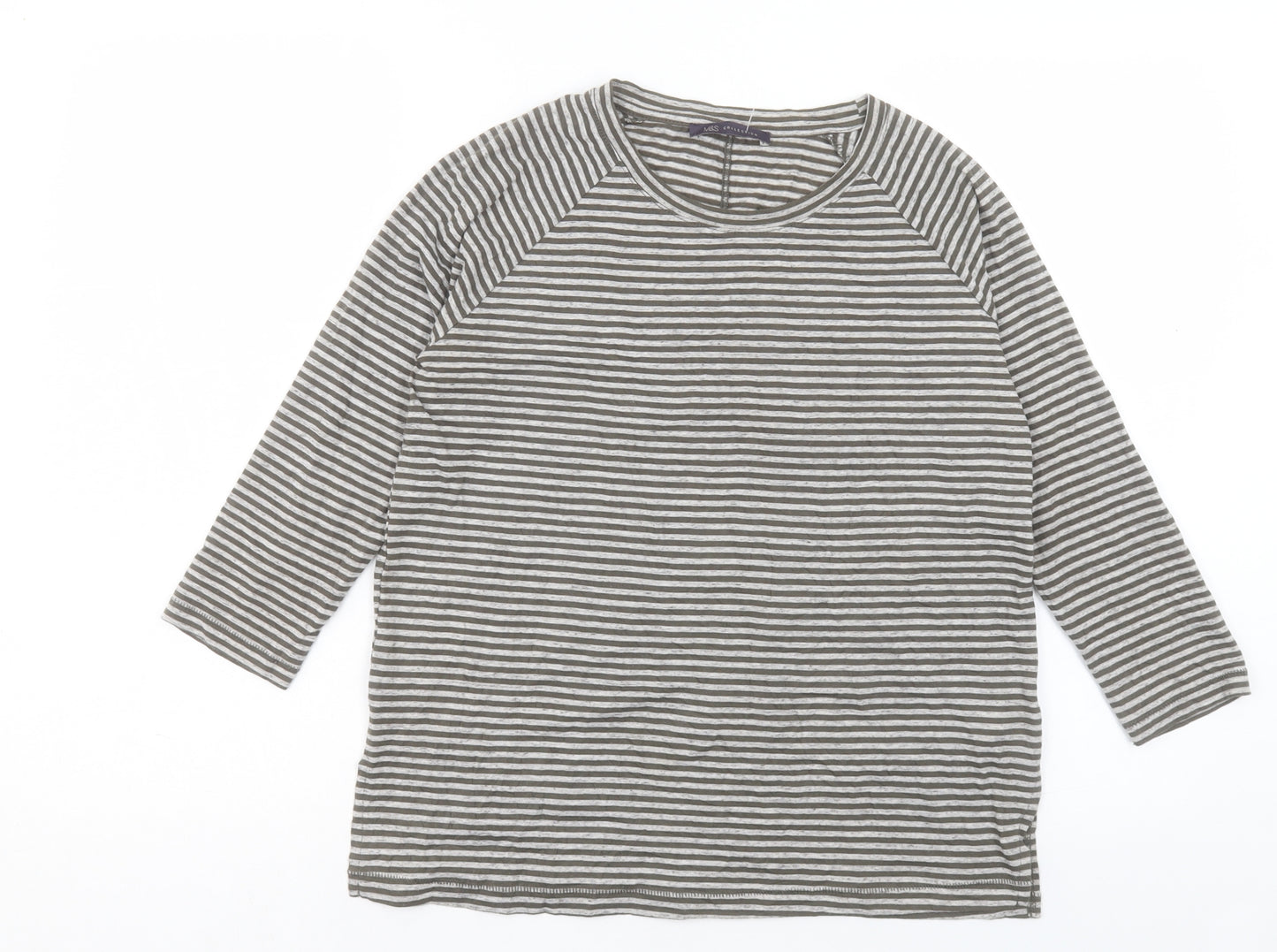 Marks and Spencer Womens Green Striped Cotton Basic T-Shirt Size 8 Crew Neck