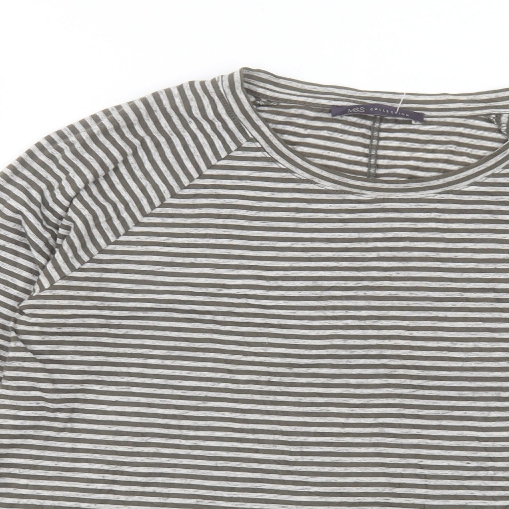 Marks and Spencer Womens Green Striped Cotton Basic T-Shirt Size 8 Crew Neck