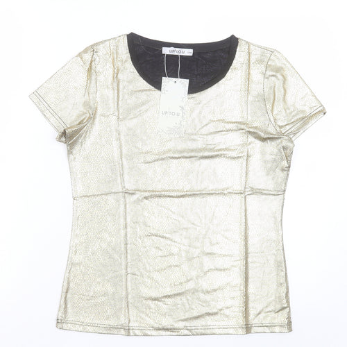 Up Tou Collection Womens Gold Polyester Basic T-Shirt Size S Crew Neck