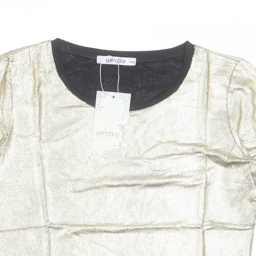 Up Tou Collection Womens Gold Polyester Basic T-Shirt Size S Crew Neck