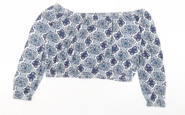 H&M Womens Blue Paisley Viscose Cropped T-Shirt Size L Off the Shoulder