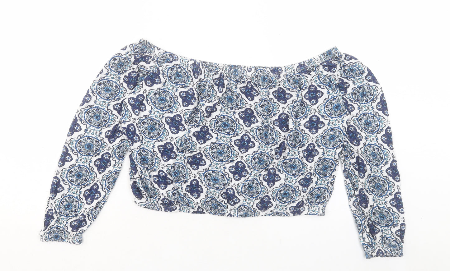 H&M Womens Blue Paisley Viscose Cropped T-Shirt Size L Off the Shoulder