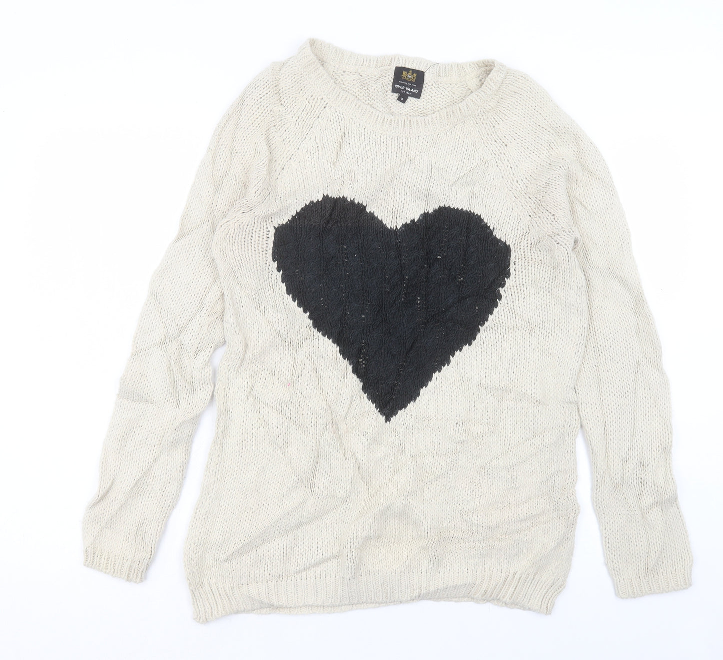 River Island Womens Beige Crew Neck Acrylic Pullover Jumper Size 8 - Heart