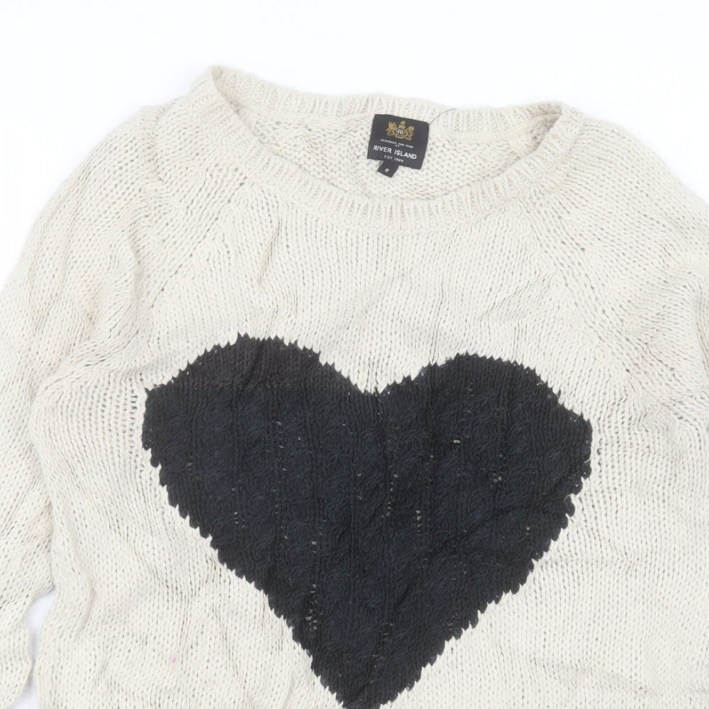 River Island Womens Beige Crew Neck Acrylic Pullover Jumper Size 8 - Heart